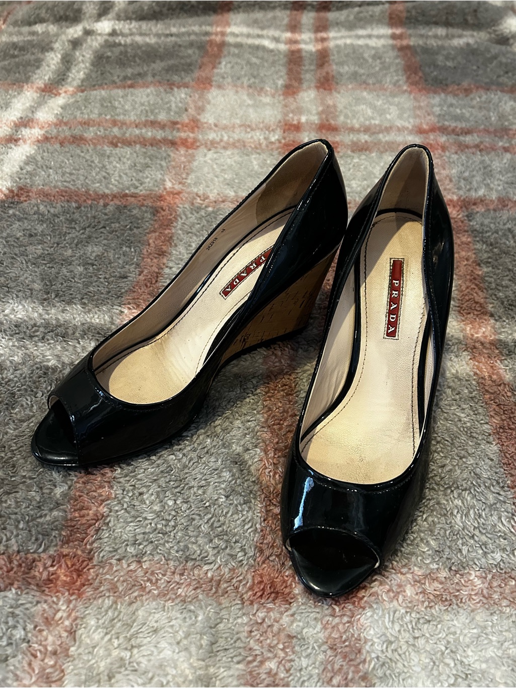 Prada Black Patent Leather Peep-Toe Wedge Pumps